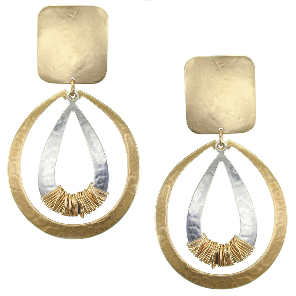 Large Rectangle with Oval Rings and Wire Wrapping Clip Earring