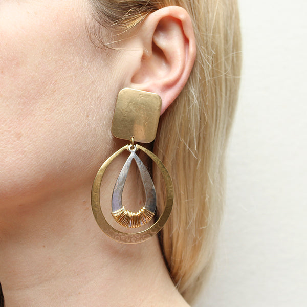 Large Rectangle with Oval Rings and Wire Wrapping Clip Earring