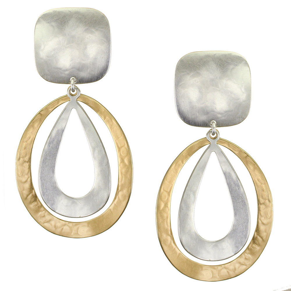 Large Rounded Square with Large Curved Oval and Teardrop Clip Earring