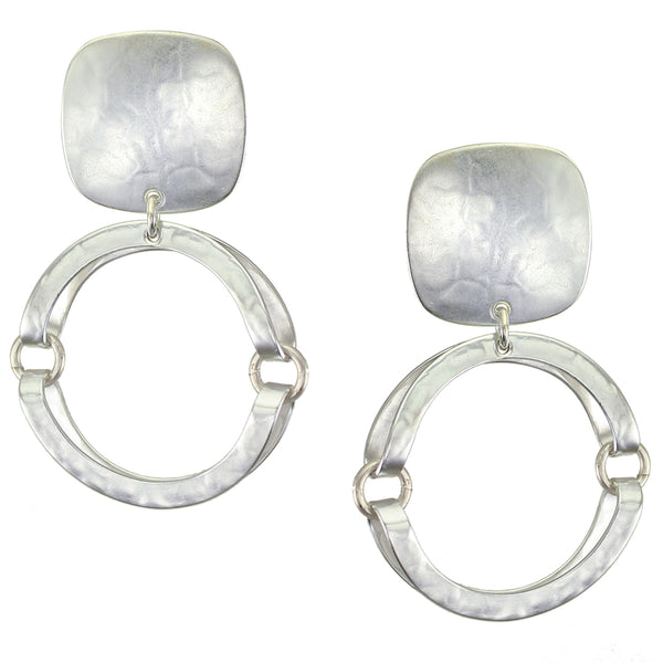 Rounded Square with Thin Hinged and Folded Rings Clip or Post Earring