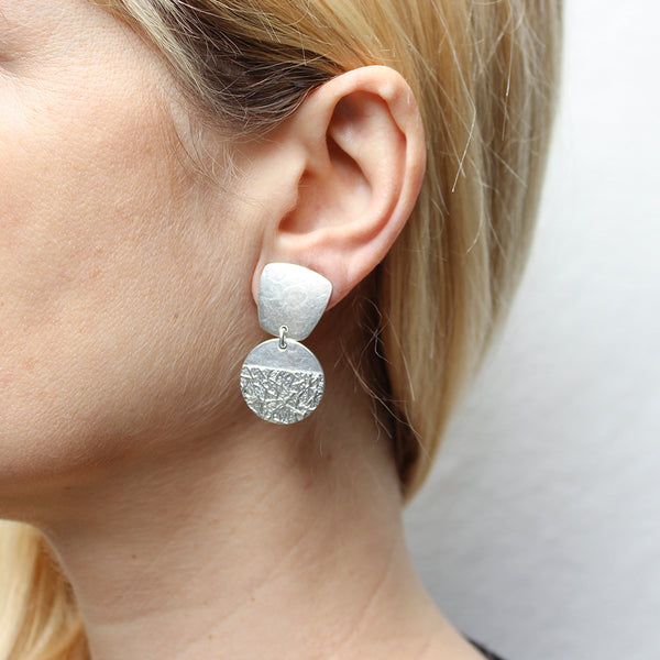 Tapered Square with Disc and Crinkle Semi-Circle Clip or Post Earring