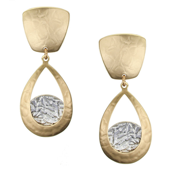 Tapered Square with Teardrop Frame with Crinkle Disc Clip or Post Earring