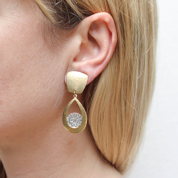 Tapered Square with Teardrop Frame with Crinkle Disc Clip or Post Earring
