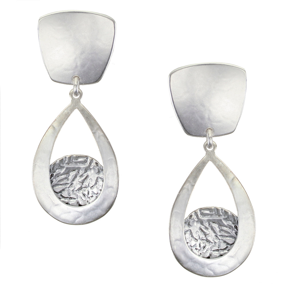 Tapered Square with Teardrop Frame with Crinkle Disc Clip or Post Earring