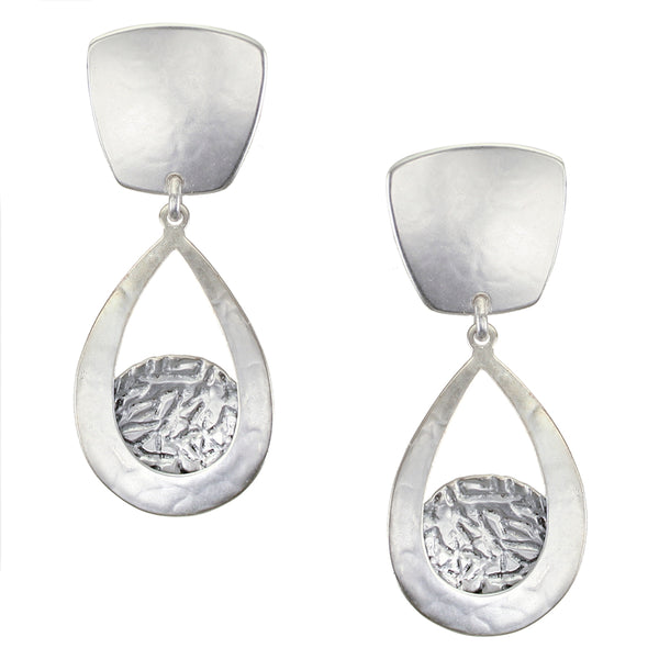 Tapered Square with Teardrop Frame with Crinkle Disc Clip or Post Earring