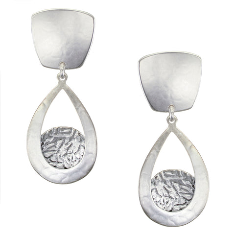Tapered Square with Teardrop Frame with Crinkle Disc Clip or Post Earring