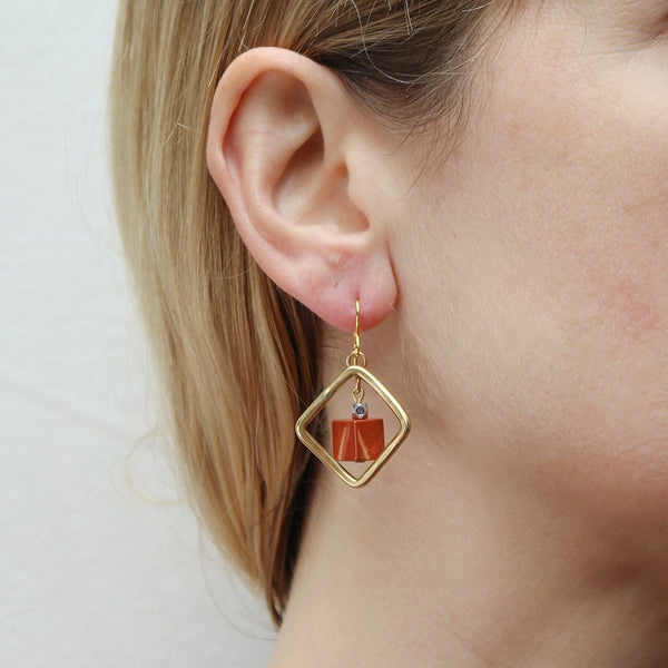 Square Ring with Red Cube Beads Wire Earrings