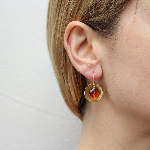 Disc with Orange Glass Bead Wire Earrings