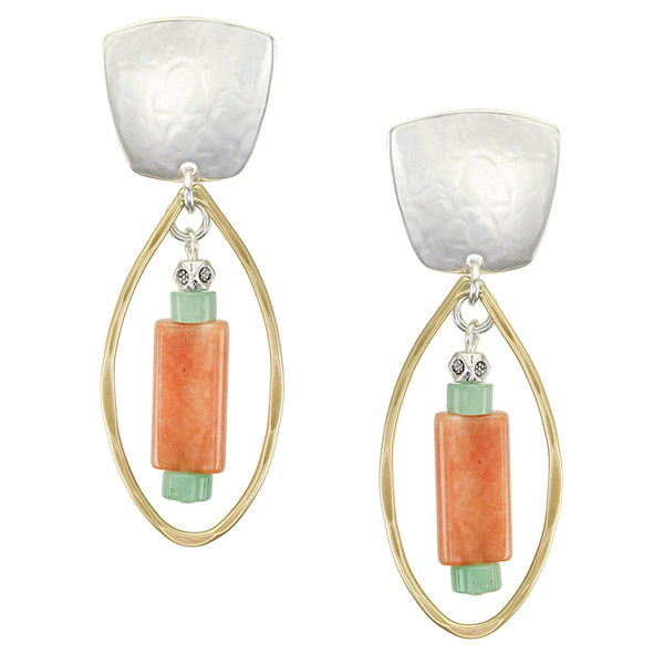 Teardrop with Orange and Aventurine Beads Post or Clip Earrings