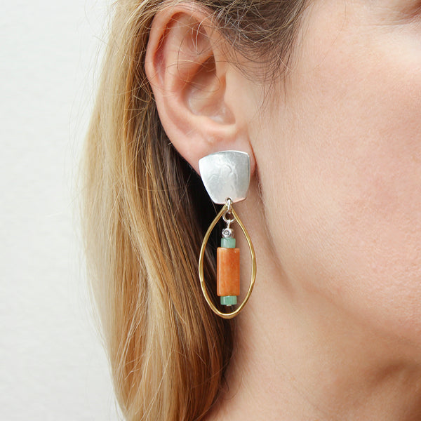 Teardrop with Orange and Aventurine Beads Post or Clip Earrings