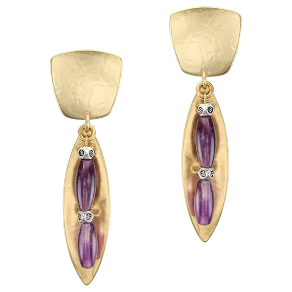 Leaf with Amethyst Beads Post or Clip Earrings