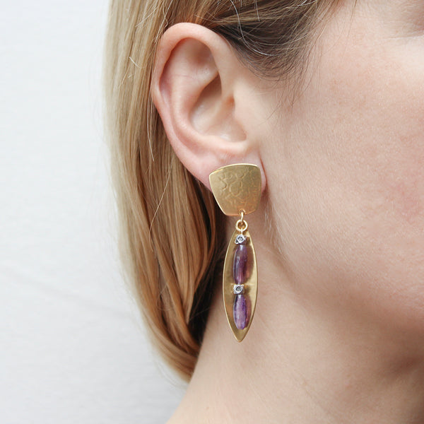 Leaf with Amethyst Beads Post or Clip Earrings