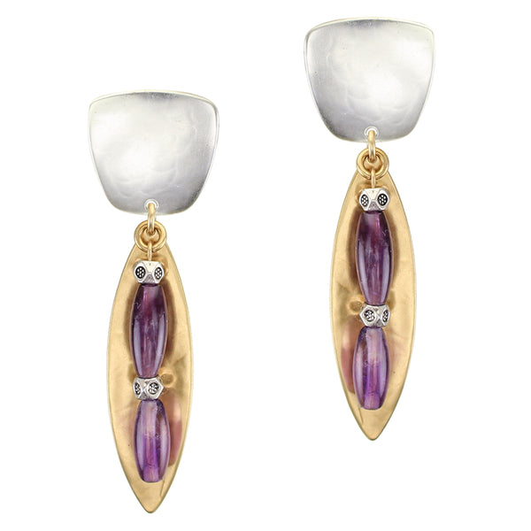 Leaf with Amethyst Beads Post or Clip Earrings