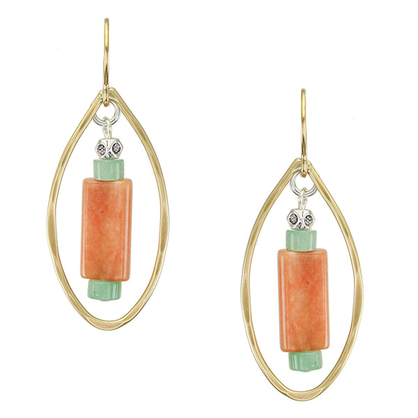 Teardrop with Orange and Aventurine Beads Wire Earrings