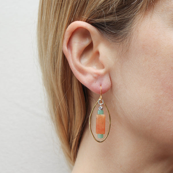 Teardrop with Orange and Aventurine Beads Wire Earrings