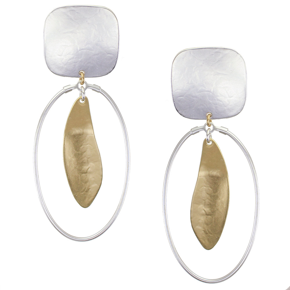 Square with Large Organic Leaf with Oval Ring Clip Earrings