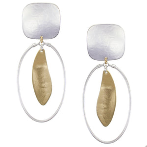 Square with Large Organic Leaf with Oval Ring Clip Earrings