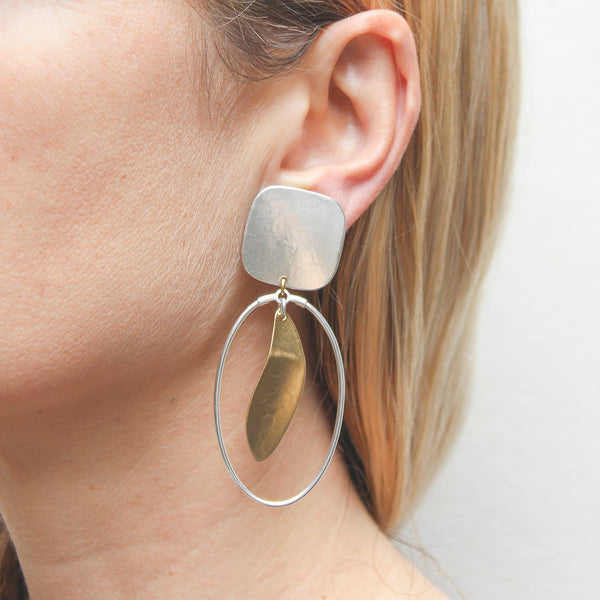 Square with Large Organic Leaf with Oval Ring Clip Earrings