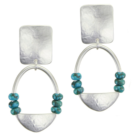 Rectangle with Ring, Semi-Circle and Turquoise Beads Clip or Post Earrings