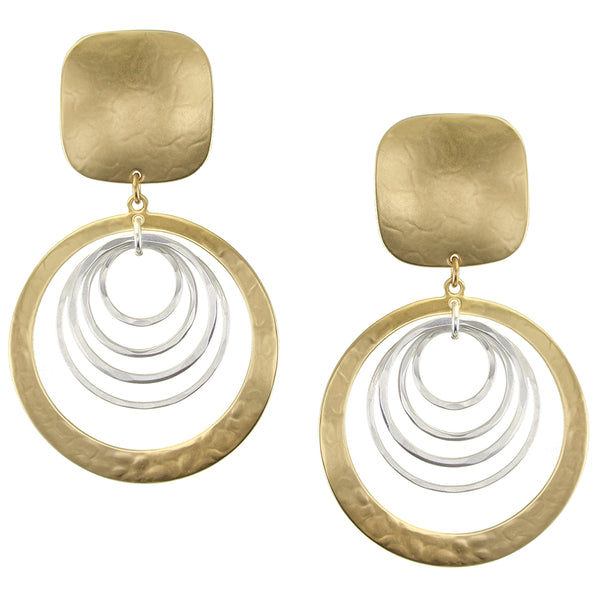 Large Square with Cutout Disc with Hammered Rings Clip Earrings