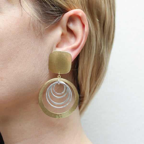 Large Square with Cutout Disc with Hammered Rings Clip Earrings