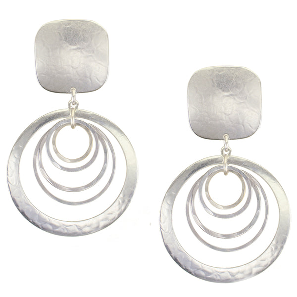 Large Square with Cutout Disc with Hammered Rings Clip Earrings