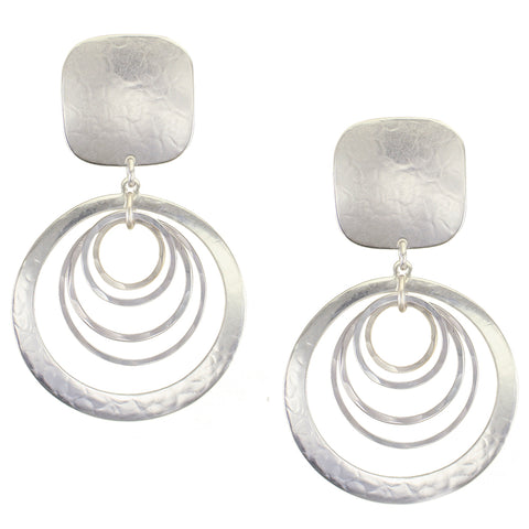 Large Square with Cutout Disc with Hammered Rings Clip Earrings