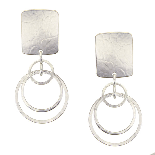 Rectangle with Tiered Hammered Rings Clip or Post Earring