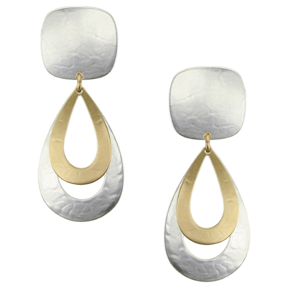 Rounded Square with Teardrop Frames Clip or Post Earring