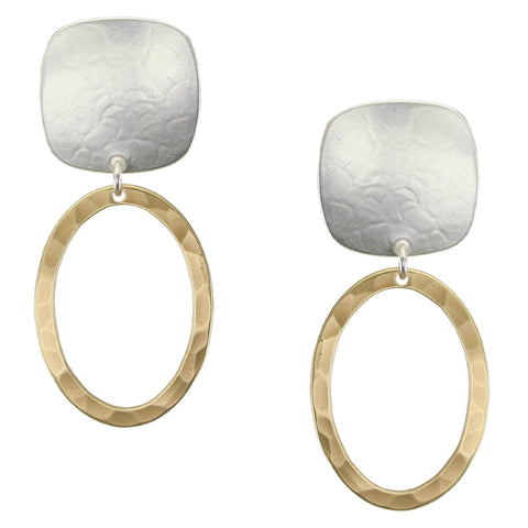 Rounded Square with Hammered Oval Frame Clip or Post Earring
