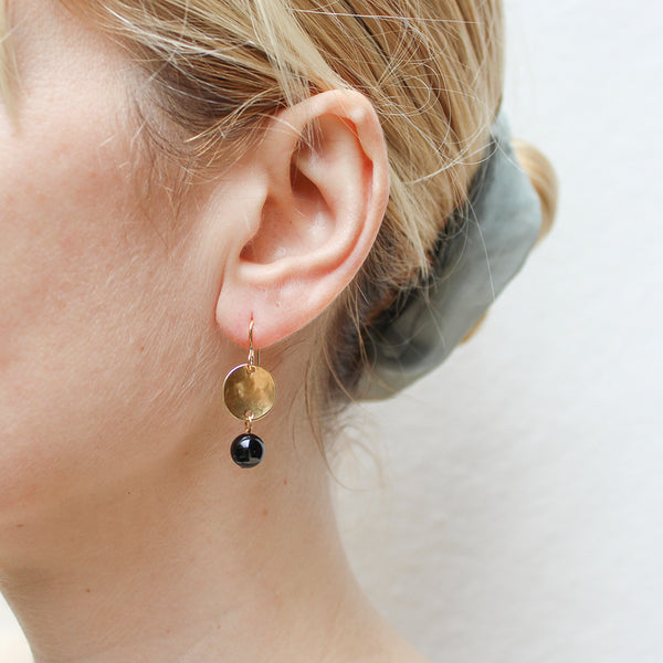 Dished Disc with Black Bead Wire Earrings