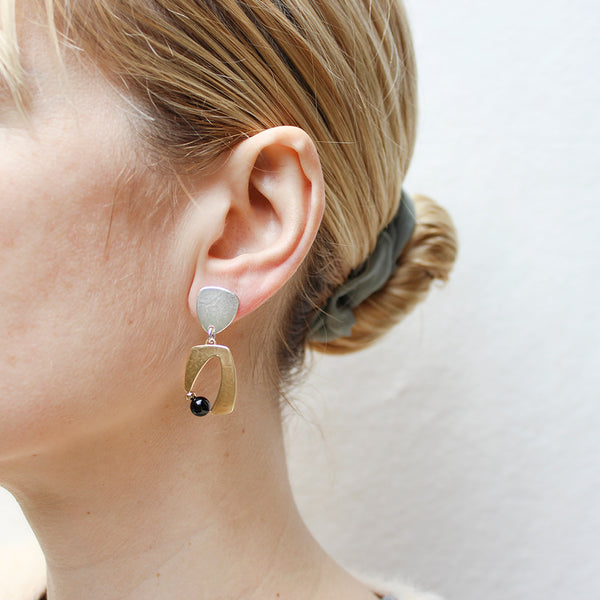 Rounded Triangle with Abstract Crescent with Black Beads Post Earrings