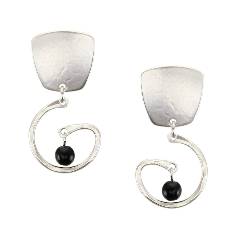 Tapered Square with Swirl and Black Beads Clip or Post Earring