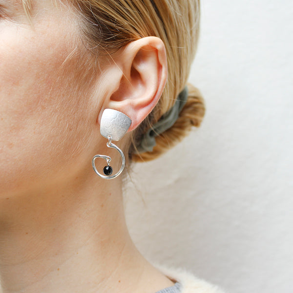 Tapered Square with Swirl and Black Beads Clip or Post Earring