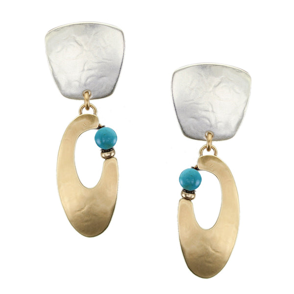 Tapered Square with Oval Crescent and Turquoise Bead Clip or Post Earring