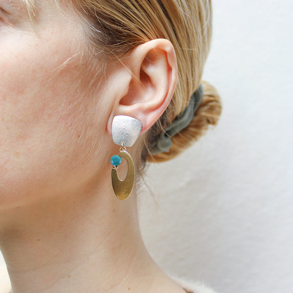Tapered Square with Oval Crescent and Turquoise Bead Clip or Post Earring