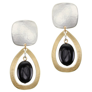 Square with Teardrop Frame and Black Bead Clip or Post Earring