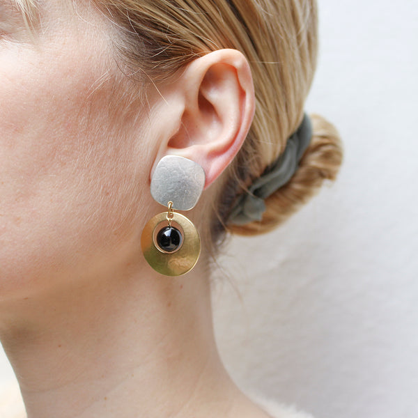 Rounded Square with Cutout Disc and Black Bead Clip or Post Earring
