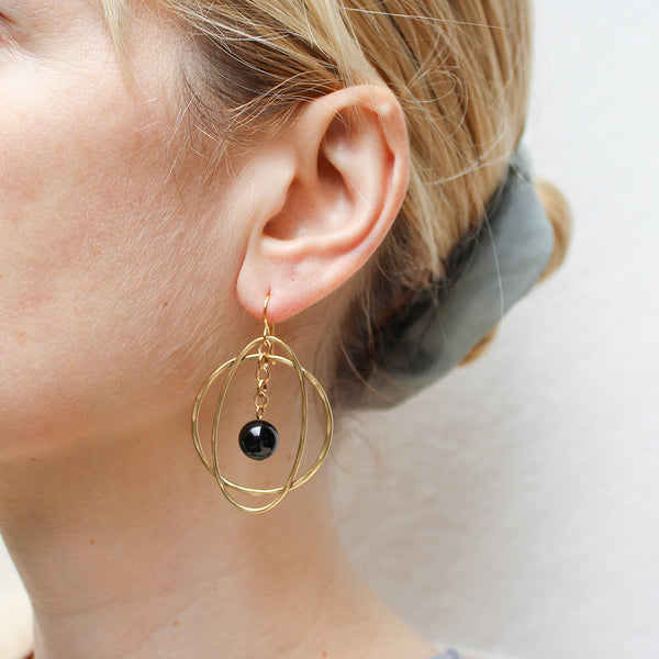 Large Hoop with Chain and Hanging Black Bead Wire Earrings