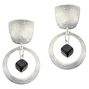Tapered Square with Cutout Disc and Black Cube Bead Clip or Post Earring