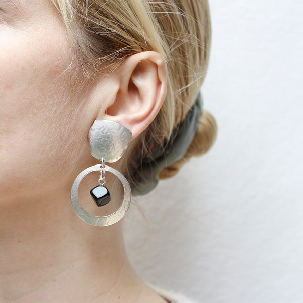 Tapered Square with Cutout Disc and Black Cube Bead Clip or Post Earring