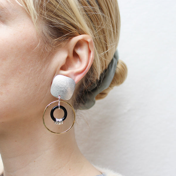 Square with Large Hoop and Black Ring Clip or Post Earring