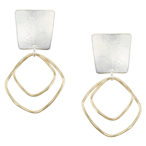 Tapered Square with Double Square Rings Clip or Post Earring