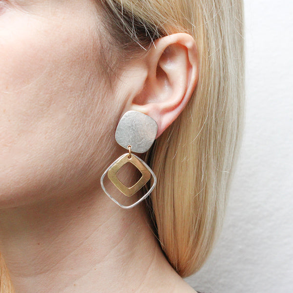 Rounded Square with Cutout Square and Square Ring Clip or Post Earring