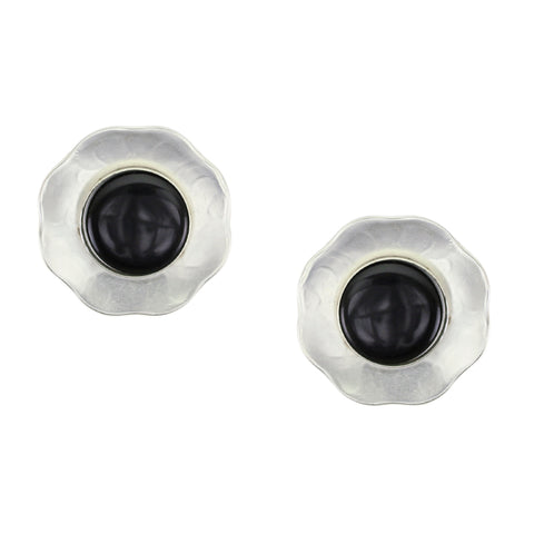 Dished Flower with Black Cabochon Clip or Post Earring