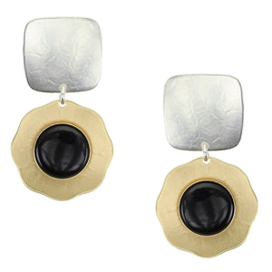 Square with Flower and Black Cabochon Clip or Post Earring