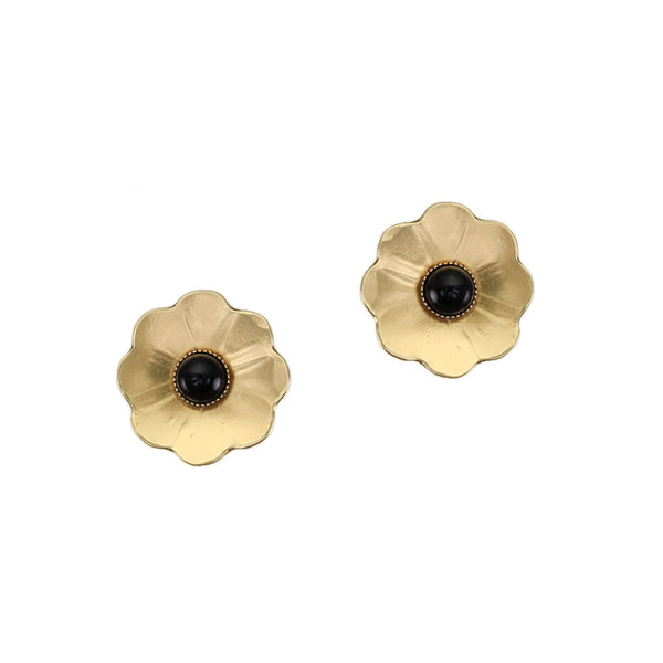 Dished Flower with Black Cabochon Post or Clip Earring
