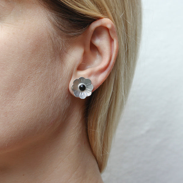 Dished Flower with Black Cabochon Post Earring