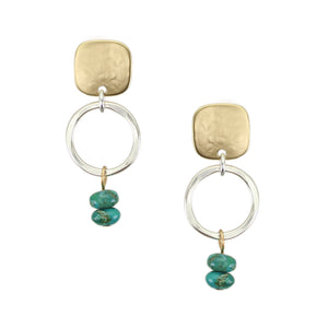 Square with Hammered Rings and Turquoise Beads Post Earring