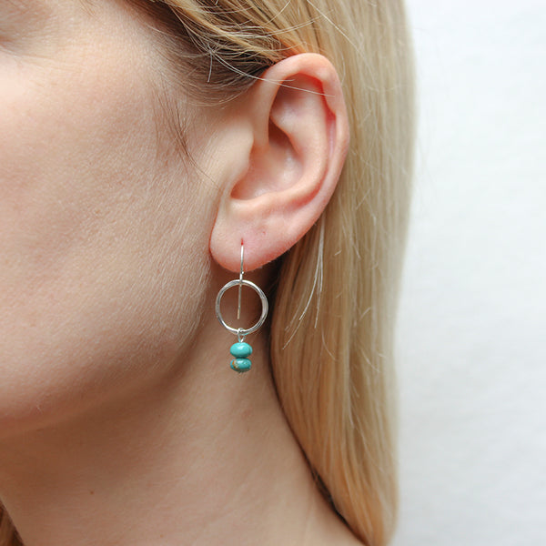 Small Hammered Ring with Turquoise Beads Wire Earrings